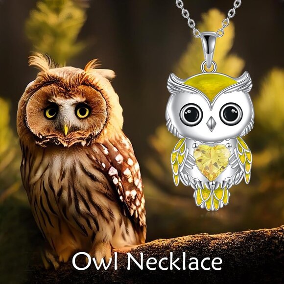 Women's Yellow Sterling Silver Birthstone Cubic Zirconia Pendant Owl Necklace - Picture 6 of 7